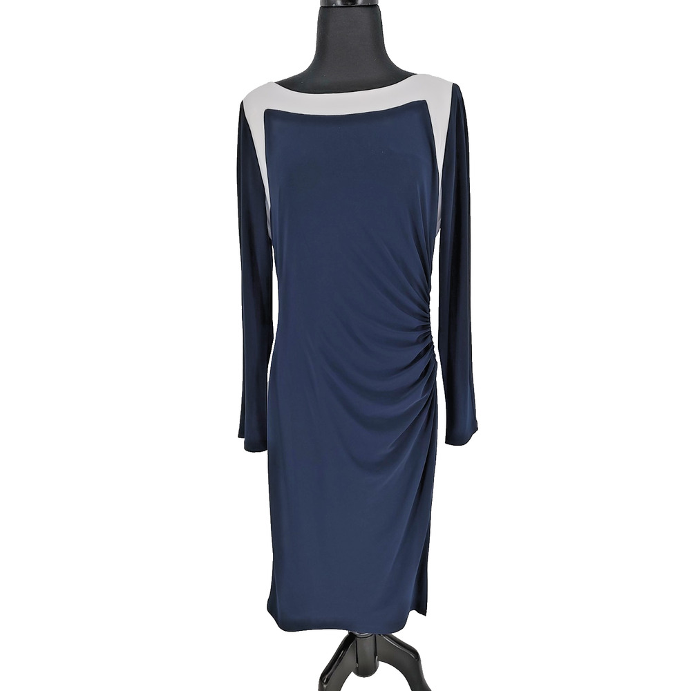 Lauren R. Lauren Blue White Stripe Sheath Dress Size 12 Lined Stretch Back Zip